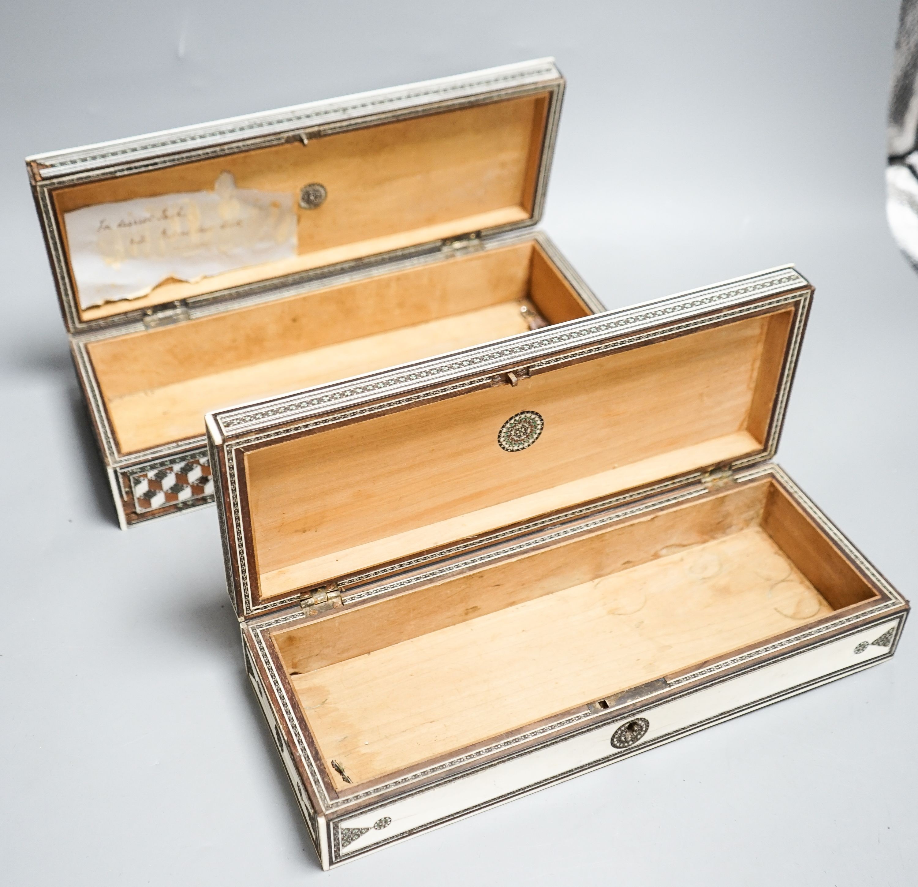 Two 19th century Indian ivory and sadeli work veneered sandalwood glove boxes (af)